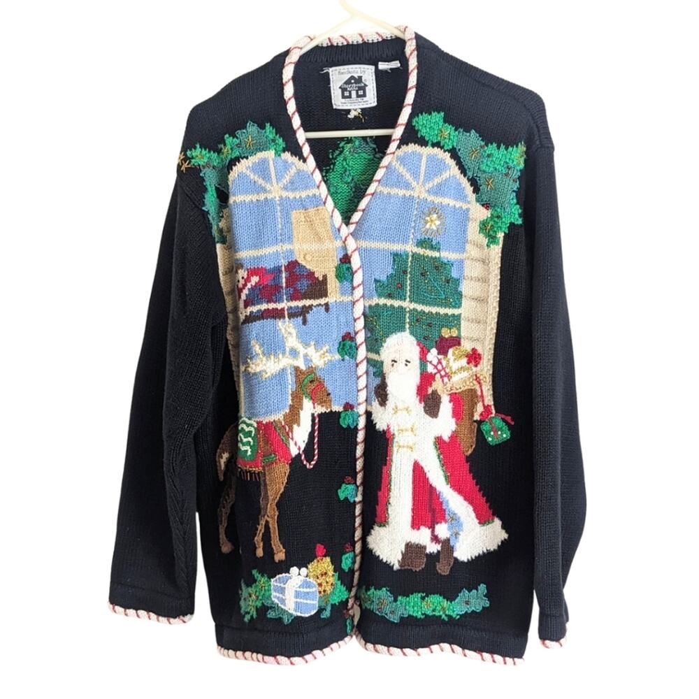 Santa's In Town Vintage Handknitted Storybooks Christmas Eve Cardigan Women's 1X
